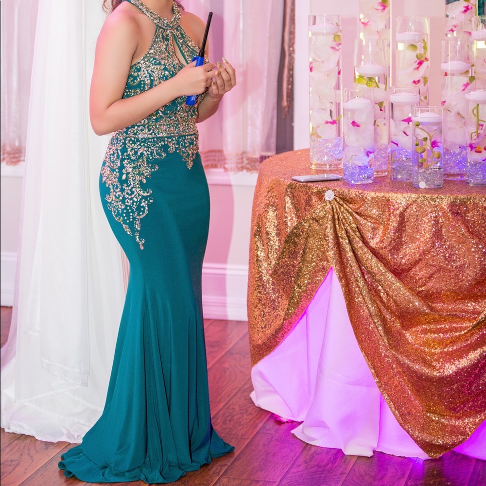 Two-Piece Keyhole Green Gold Bedazzled Prom Dress